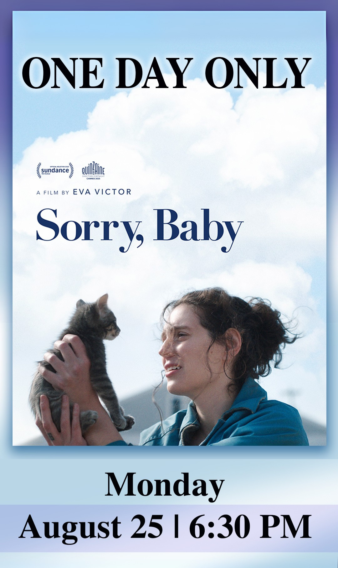 Movie poster Sorry, Baby. Woman holding a kitten
